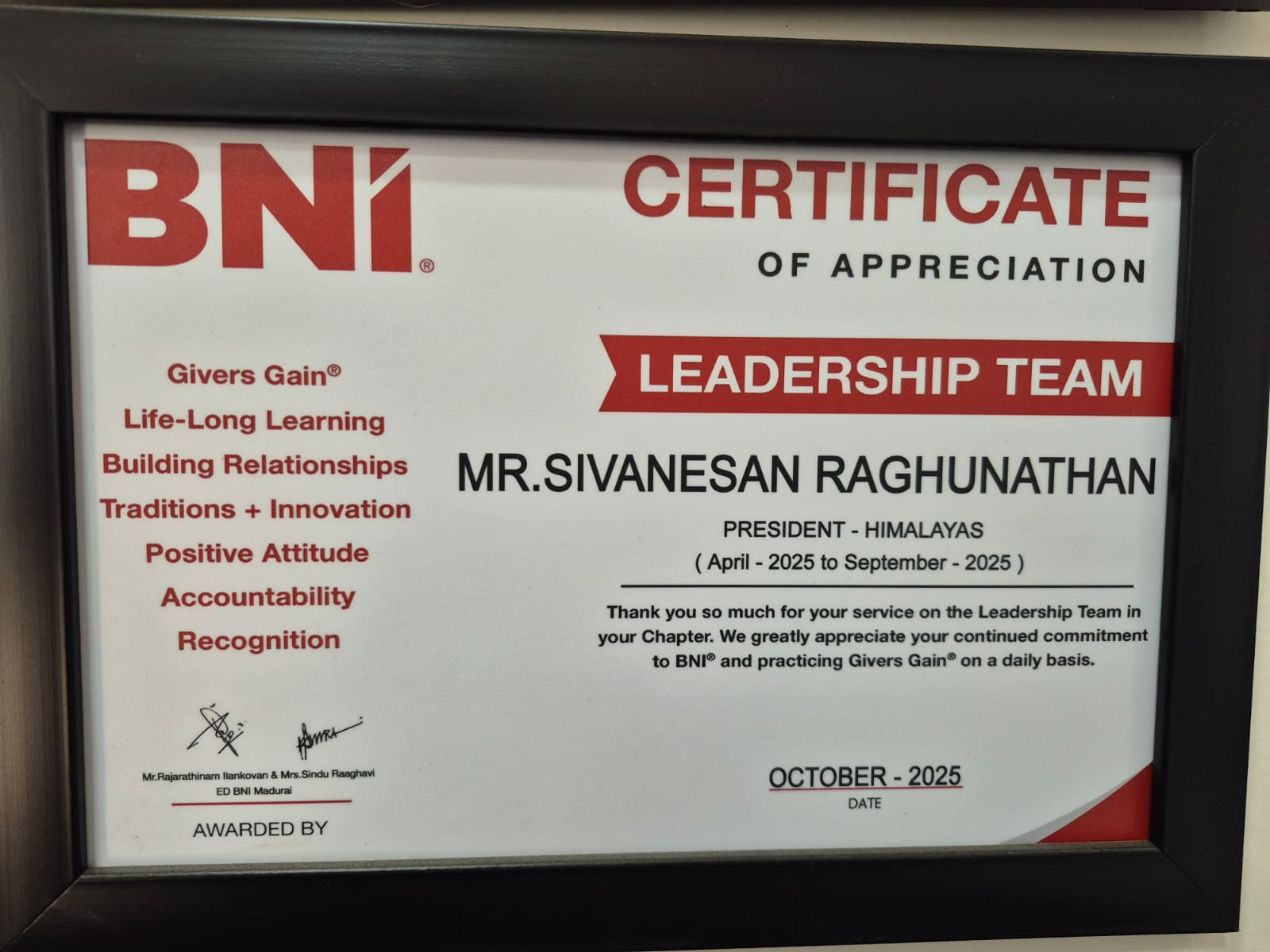 BNI Leadership Award Recognition